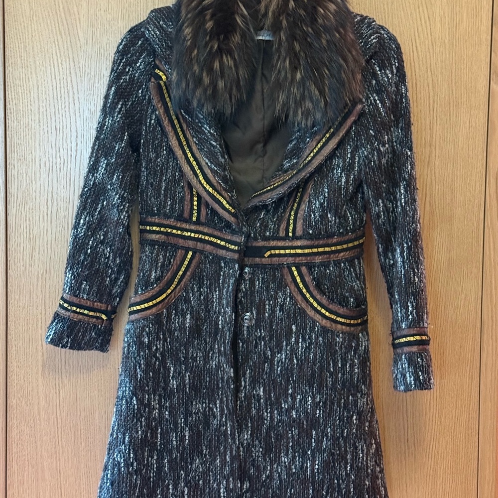 Elegant Black and gold trim Coat with Fur Collar - bought here but too small